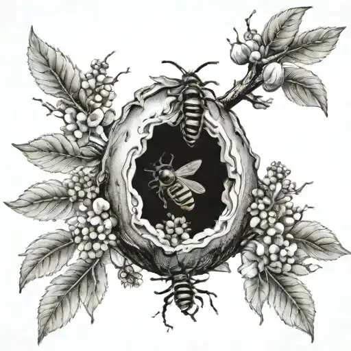 open beehive in a apple tree tattoo design idea