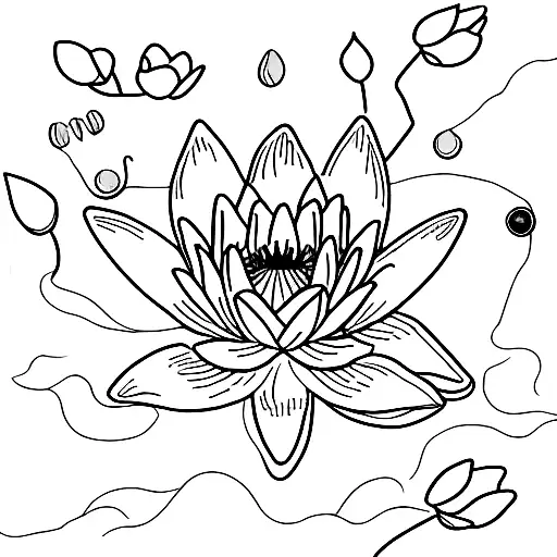 A delicate water lily blooming amidst a bed of larkspur flowers, with a ruby drop falling from one of the petals, symbolizing the client's resilience and passion for life. tattoo design idea