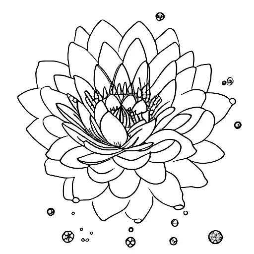 A delicate water lily blooming amidst a bed of larkspur flowers, with a ruby drop falling from one of the petals, symbolizing the client's resilience and passion for life. tattoo design idea