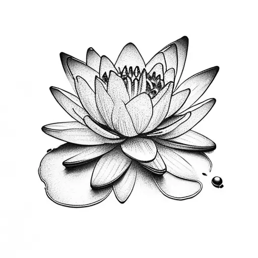 A delicate water lily blooming amidst a bed of larkspur flowers, with a ruby drop falling from one of the petals, symbolizing the client's resilience and passion for life. tattoo design idea