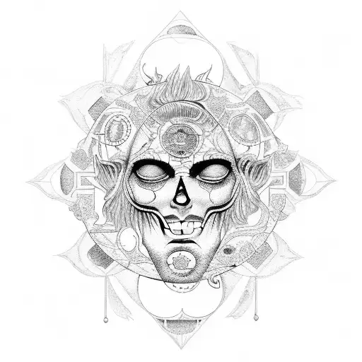 hades tattoo with greek symbols and idology in black but patchwork design. With the sun and moon phases around it tattoo design idea