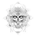 hades tattoo with greek symbols and idology in black but patchwork design. With the sun and moon phases around it tattoo design idea