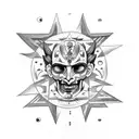 hades tattoo with greek symbols and idology in black but patchwork design. With the sun and moon phases around it tattoo design idea