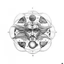 hades tattoo with greek symbols and idology in black but patchwork design. With the sun and moon phases around it tattoo design idea