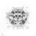 hades tattoo with greek symbols and idology in black but patchwork design. With the sun and moon phases around it tattoo design idea