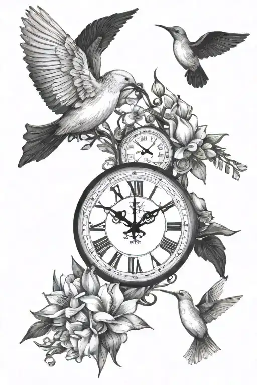 doves, clock, mountains, Cala lily flowers, family tree  tattoo design idea