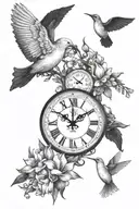 doves, clock, mountains, Cala lily flowers, family tree  tattoo design idea
