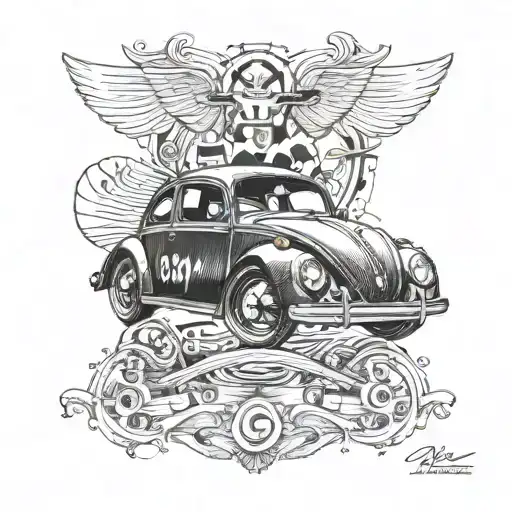  a Volkswagen Beetle Type 1, let its shadow be a Formula 1 tattoo design idea