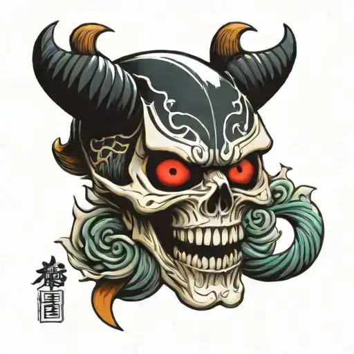 skull with a Japanese demon mask on the sleeve tattoo design idea