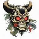 skull with a Japanese demon mask on the sleeve tattoo design idea