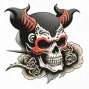 skull with a Japanese demon mask on the sleeve tattoo design idea