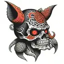skull with a Japanese demon mask on the sleeve tattoo design idea