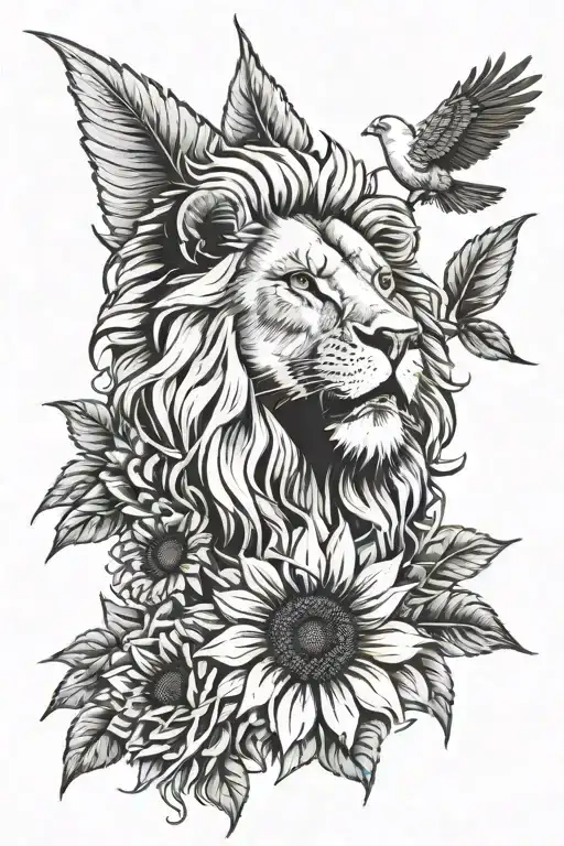 lion face with sunflower and white dove flying above tattoo design idea