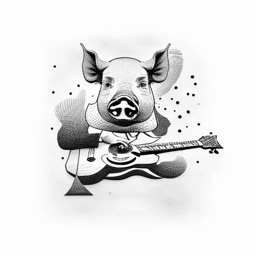 A dotwork tattoo of a pig playing a guitar tattoo design idea