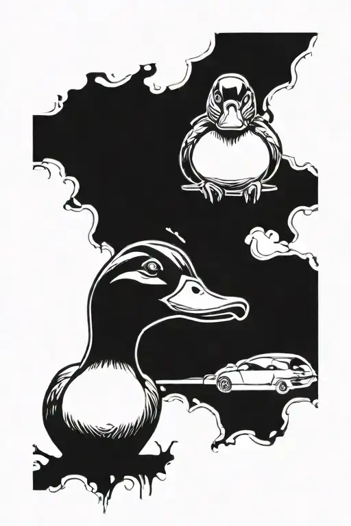duck Donald gangster and BMW E39 headlights morphing tattoo design idea