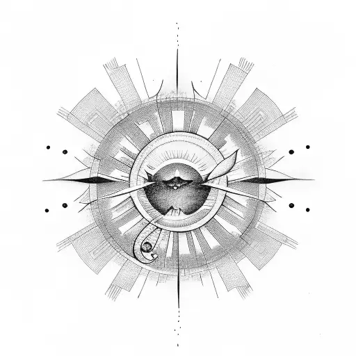 An abstract tattoo of a sunburst surrounded by musical instruments, reflecting the joy and happiness found in music tattoo design idea