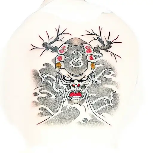 samurai tattoo with cherry blossom tree in background for ribs tattoo design idea