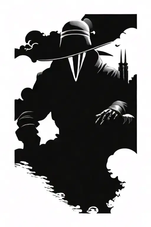 Shoulder tattoo of a cyborg plague doctor with claws and surrounded by clouds tattoo design idea