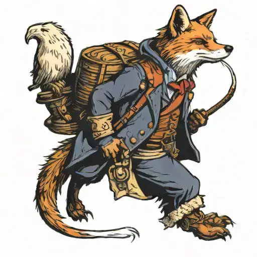 Traveling fox holding a bindle and a steam punk hat, in the style of the fool tarot card tattoo design idea
