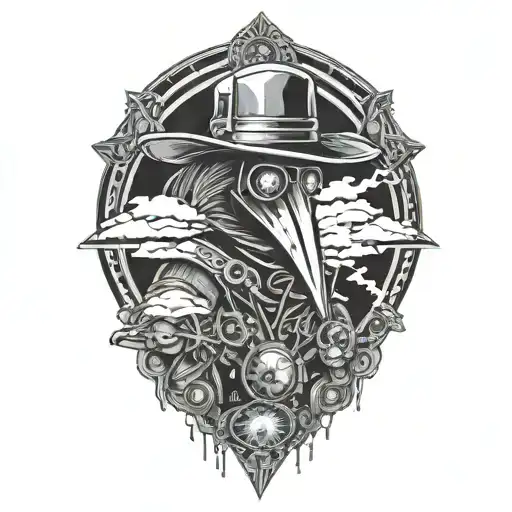 Shoulder tattoo of a cyborg plague doctor with claws and surrounded by clouds tattoo design idea