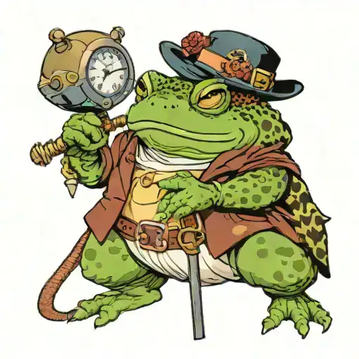 Traveling toad holding a bindle and a steam punk hat tattoo design idea