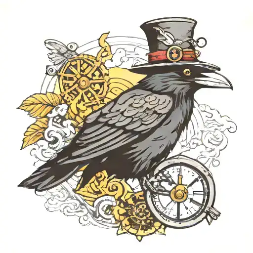 Traveling crow holding a bindle and a steam punk hat tattoo design idea