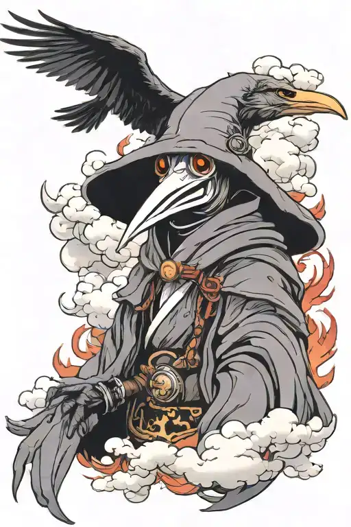 Shoulder tattoo of plague doctor with claws,fiery eyes, and surrounded by a cloud, studio ghibli style tattoo design idea