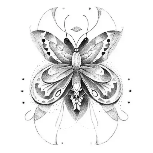 A dotwork tattoo featuring a graceful butterfly with a hidden Scorpio zodiac symbol tattoo design idea