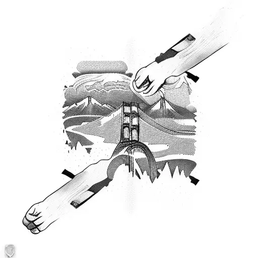 Sleeve with hummingbird pick guard, mountains, the golden gate bridge, a clock, and the denver skyline tattoo design idea
