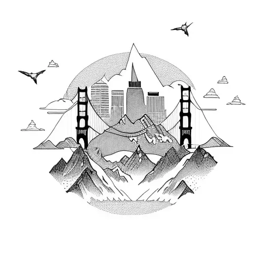 Sleeve with hummingbird pick guard, mountains, the golden gate bridge, a clock, and the denver skyline tattoo design idea
