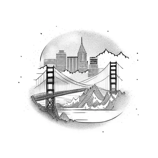 Sleeve with hummingbird pick guard, mountains, the golden gate bridge, a clock, and the denver skyline tattoo design idea