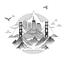 Sleeve with hummingbird pick guard, mountains, the golden gate bridge, a clock, and the denver skyline tattoo design idea
