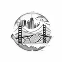 Sleeve with hummingbird pick guard, mountains, the golden gate bridge, a clock, and the denver skyline tattoo design idea