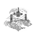 Sleeve with hummingbird pick guard, mountains, the golden gate bridge, a clock, and the denver skyline tattoo design idea