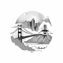 Sleeve with hummingbird pick guard, mountains, the golden gate bridge, a clock, and the denver skyline tattoo design idea