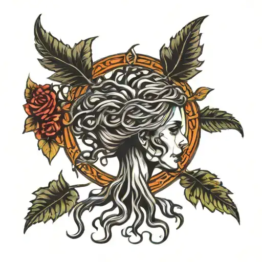 Cybersecurity theme, Digital girl's hairs  bended in to the branches of the Viking's Tree of Life.  tattoo design idea