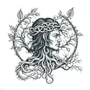 Cyberspace theme, Shodan's hair bended in to the branches of the Viking's Tree of Life. Blending two styles together. tattoo design idea