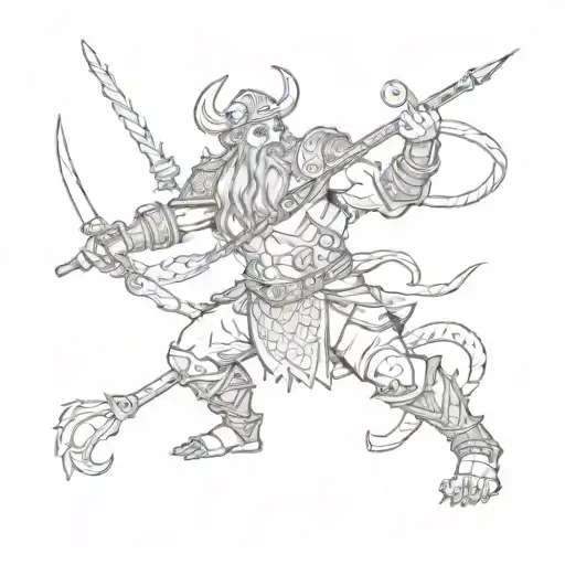 A viking warrior battling a sea monster in a metal music concert setting tattoo design idea