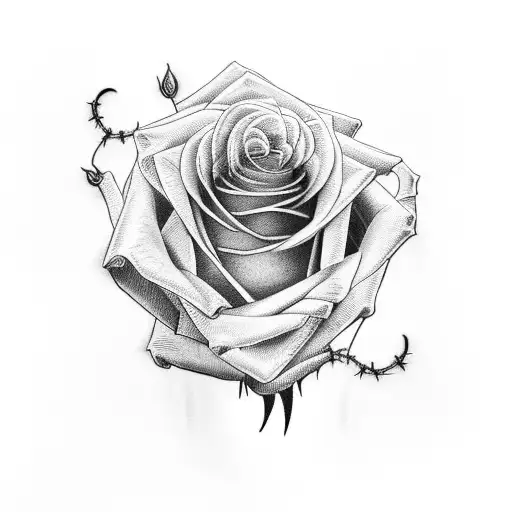 rose wrapped in barbed wire with the name "Taya 'Eliza' Richards" in front of the rose tattoo design idea