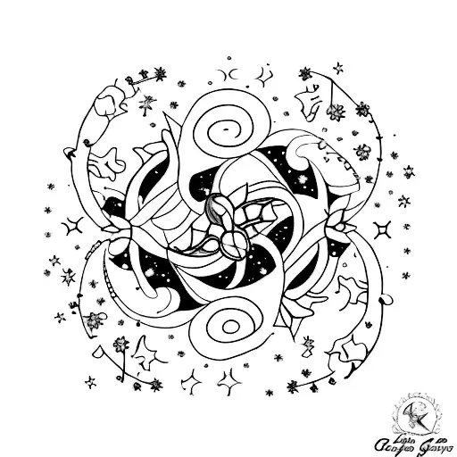 An elegant constellation tattoo of Pisces, incorporating delicate flowers and hearts within the constellation to represent the birthdays of your daughters and yourself, symbolizing the connection and harmony between your family members. tattoo design idea