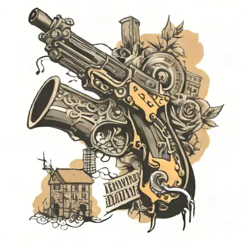 AK 47 gun smoking barrel with music notes fading through smoking city buildings  tattoo design idea