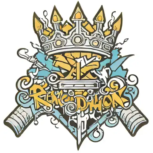 graffiti writing the name Richardson with a three pointed crown with smoking guns with broken bricks  tattoo design idea