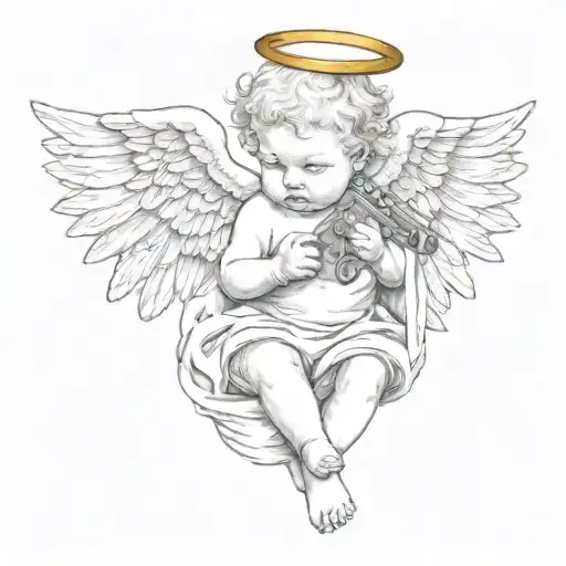 baby angel with wings wrapped while holding guns   tattoo design idea