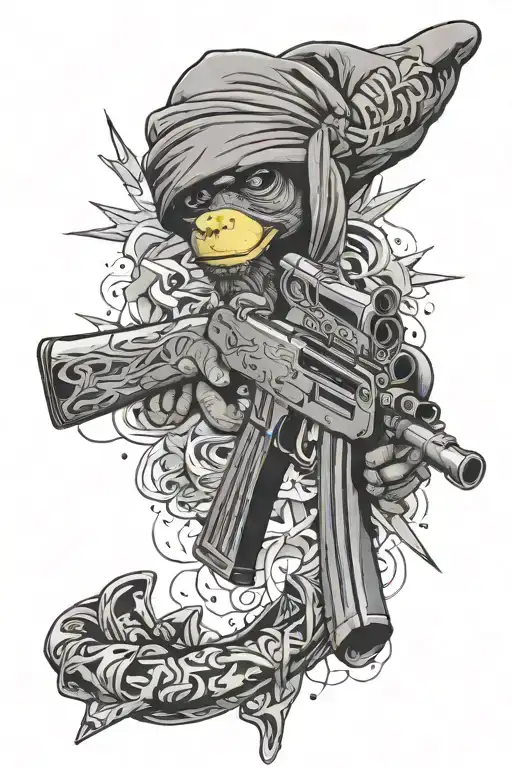 Richardson Graffiti AK-47 Smoking gun with banana clip bandana hanging from crown in background  tattoo design idea