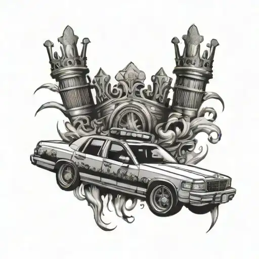 crown Vic donk with oversized rims and crowns integrated into the design with AK 47 gun smoking barrel in bac tattoo design idea