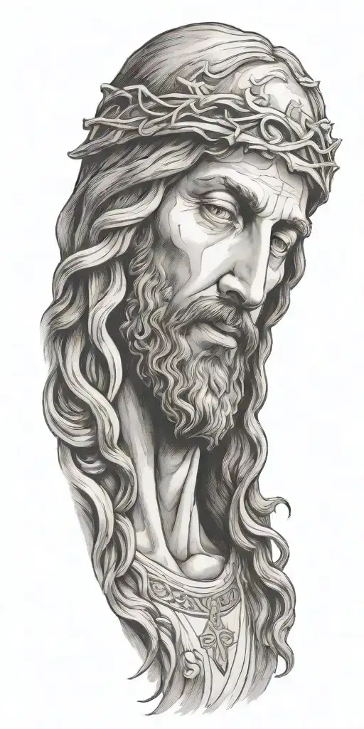 Jesus head with angelic scene below tattoo design idea