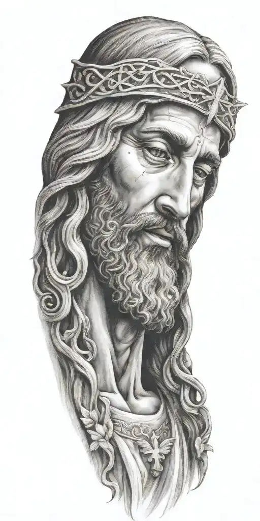 Jesus head with angelic scene below tattoo design idea