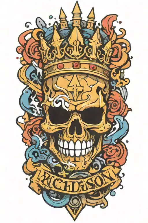 graffiti writing the name Richardson with a three pointed crown with smoking guns with broken bricks  tattoo design idea
