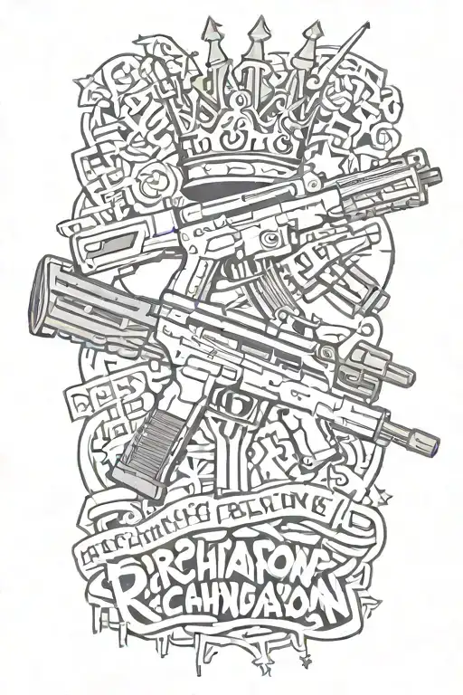 graffiti writing the name Richardson with a three pointed crown with smoking guns with broken bricks AK 47 gun layIng on tattoo design idea