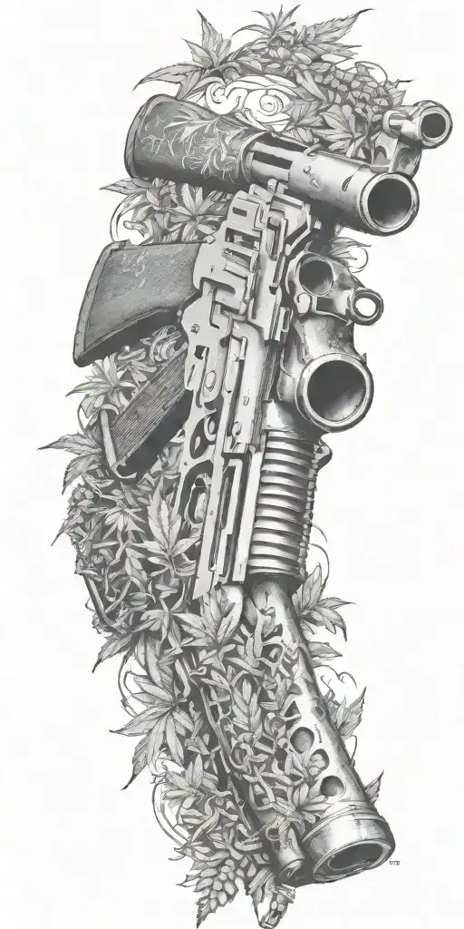 AK 47 gun smoking out barrel looking like marijuana tattoo design idea